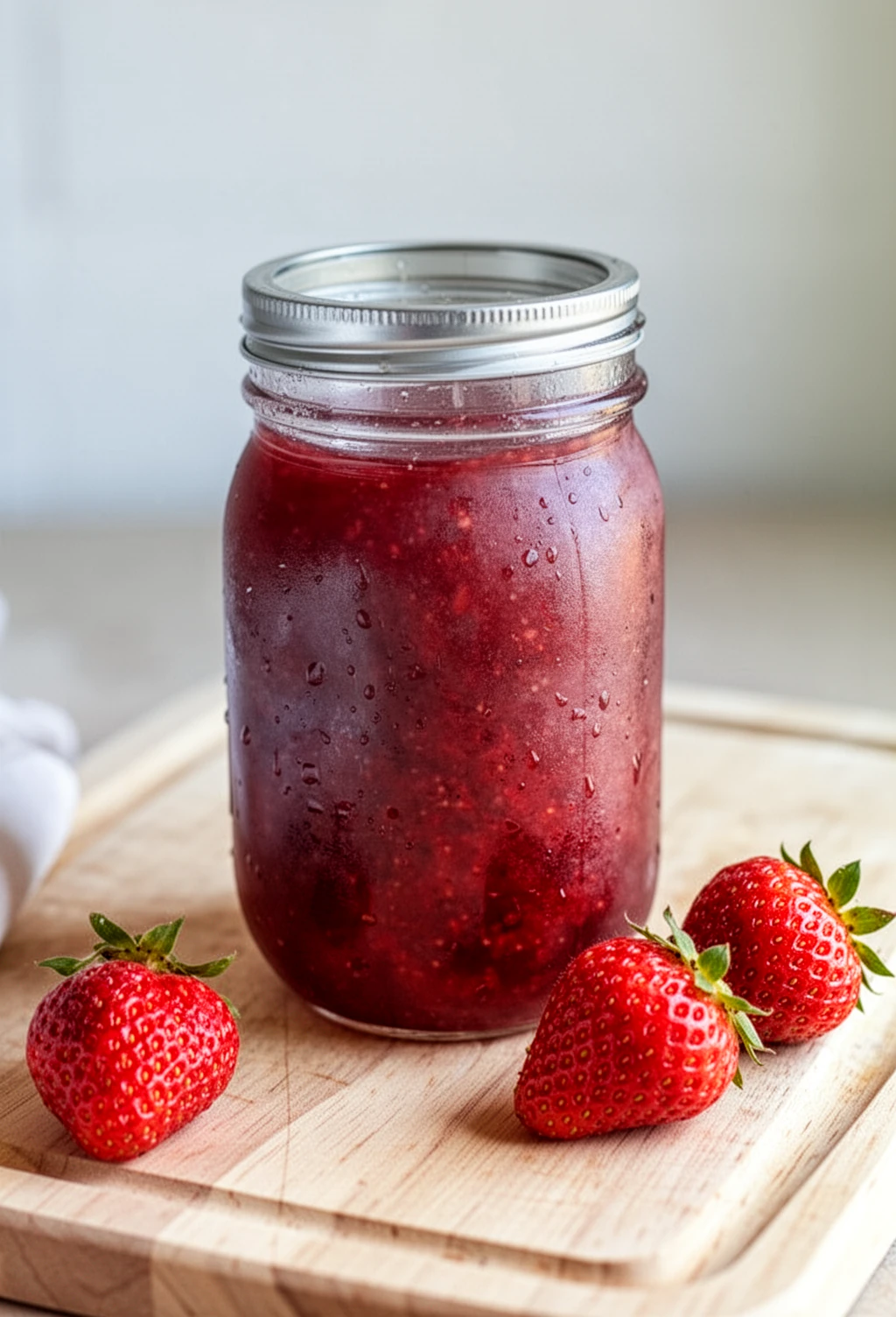 Homemade strawberry jam in a glass jar with fresh strawberries nearby