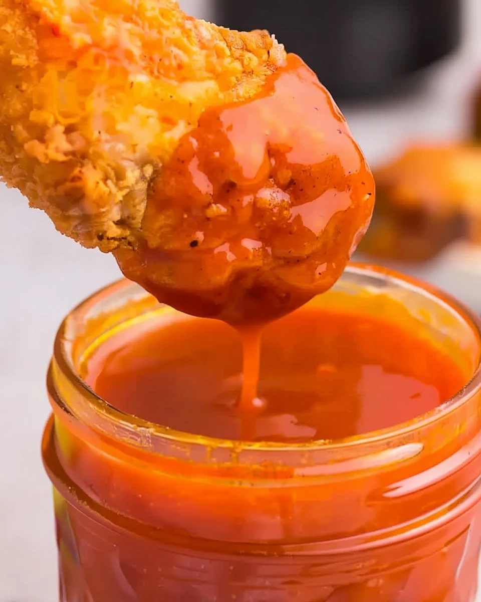 Crispy chicken wing dipped in honey buffalo sauce from a mason jar