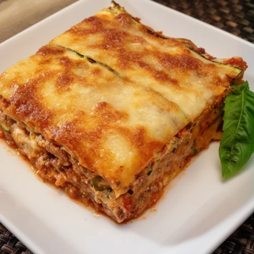 keto zucchini lasagna slice with melted cheese and basil garnish