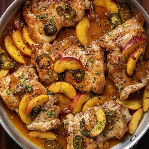 Jalapeno peach chicken in a skillet with peaches and jalapenos, garnished with parsley