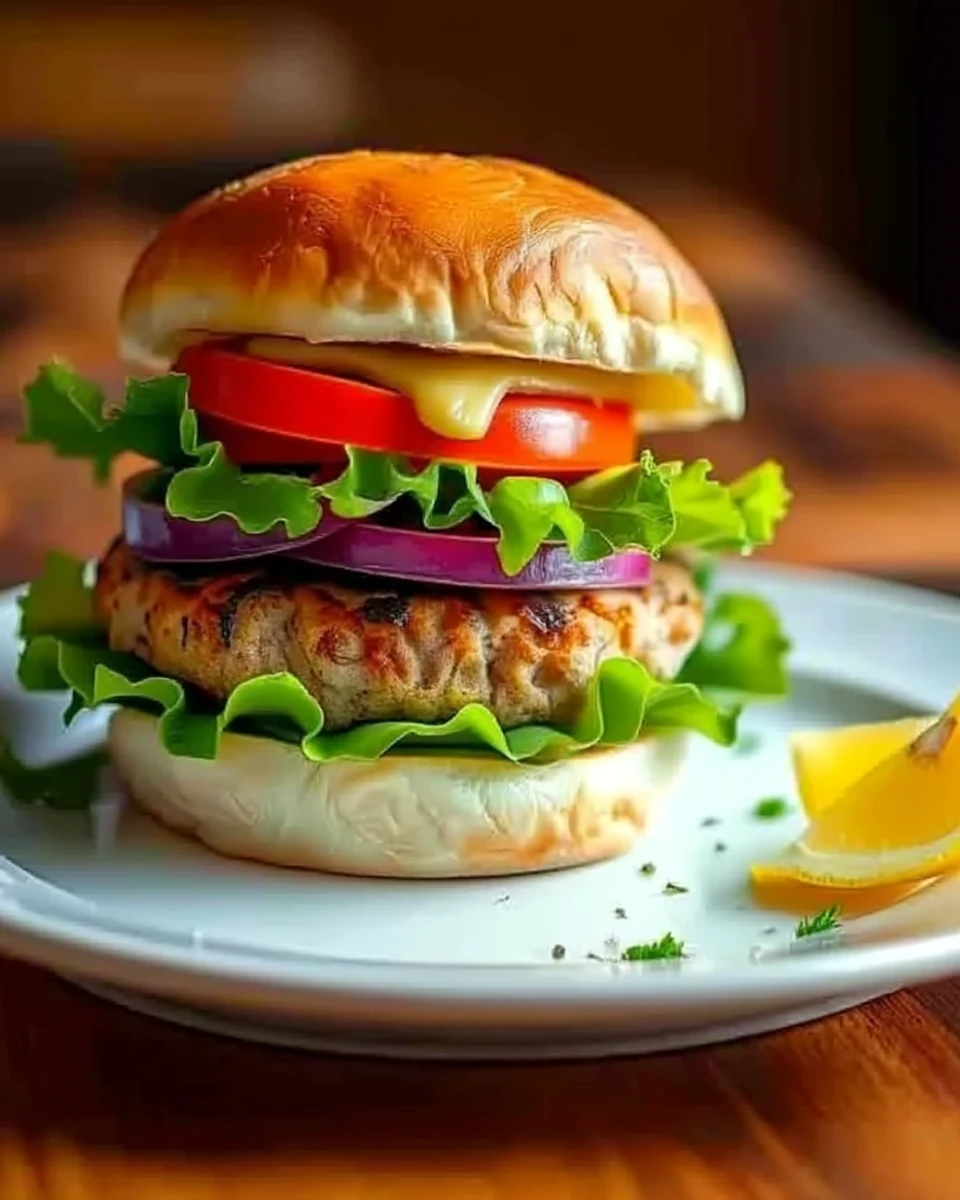 Juicy turkey burger with lettuce, tomato, and cheese on a brioche bun