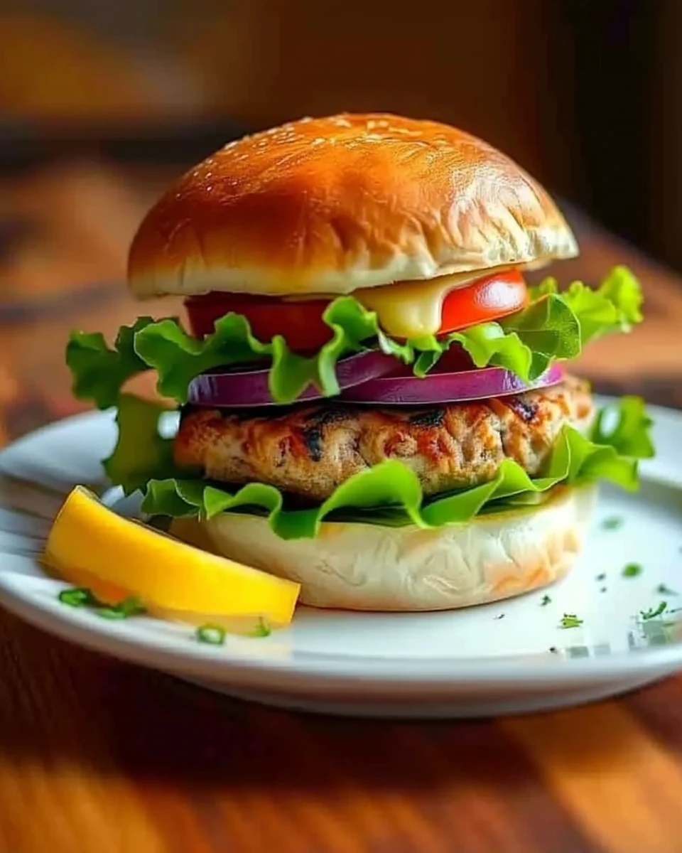 Juicy turkey burger with fresh vegetables and cheese on a plate