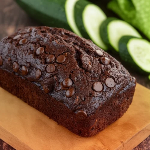keto chocolate bread with chocolate chips and zucchini in background