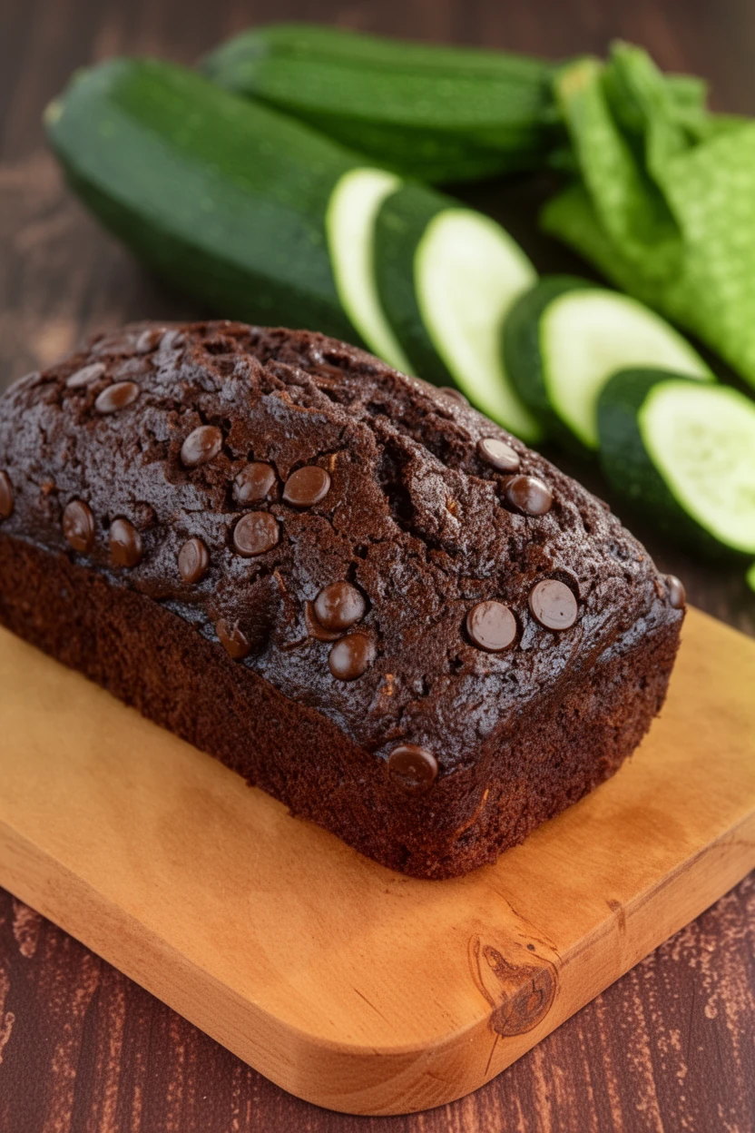 keto chocolate bread with chocolate chips and zucchini in background