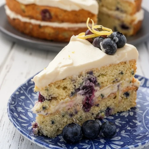 Keto lemon blueberry cake slice with frosting and fresh blueberries