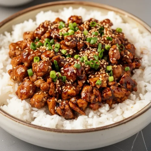 Korean ground turkey over rice with sesame seeds and green onions