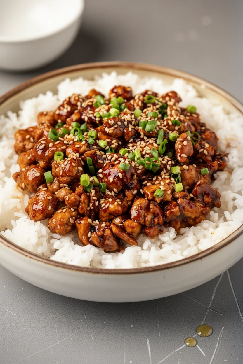 Korean ground turkey over rice with sesame seeds and green onions