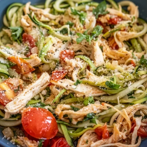 Lemon garlic chicken zoodles with zucchini noodles, chicken, tomatoes, and Parmesan