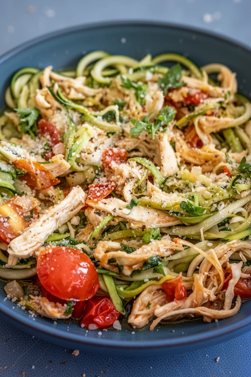Lemon garlic chicken zoodles with zucchini noodles, chicken, tomatoes, and Parmesan
