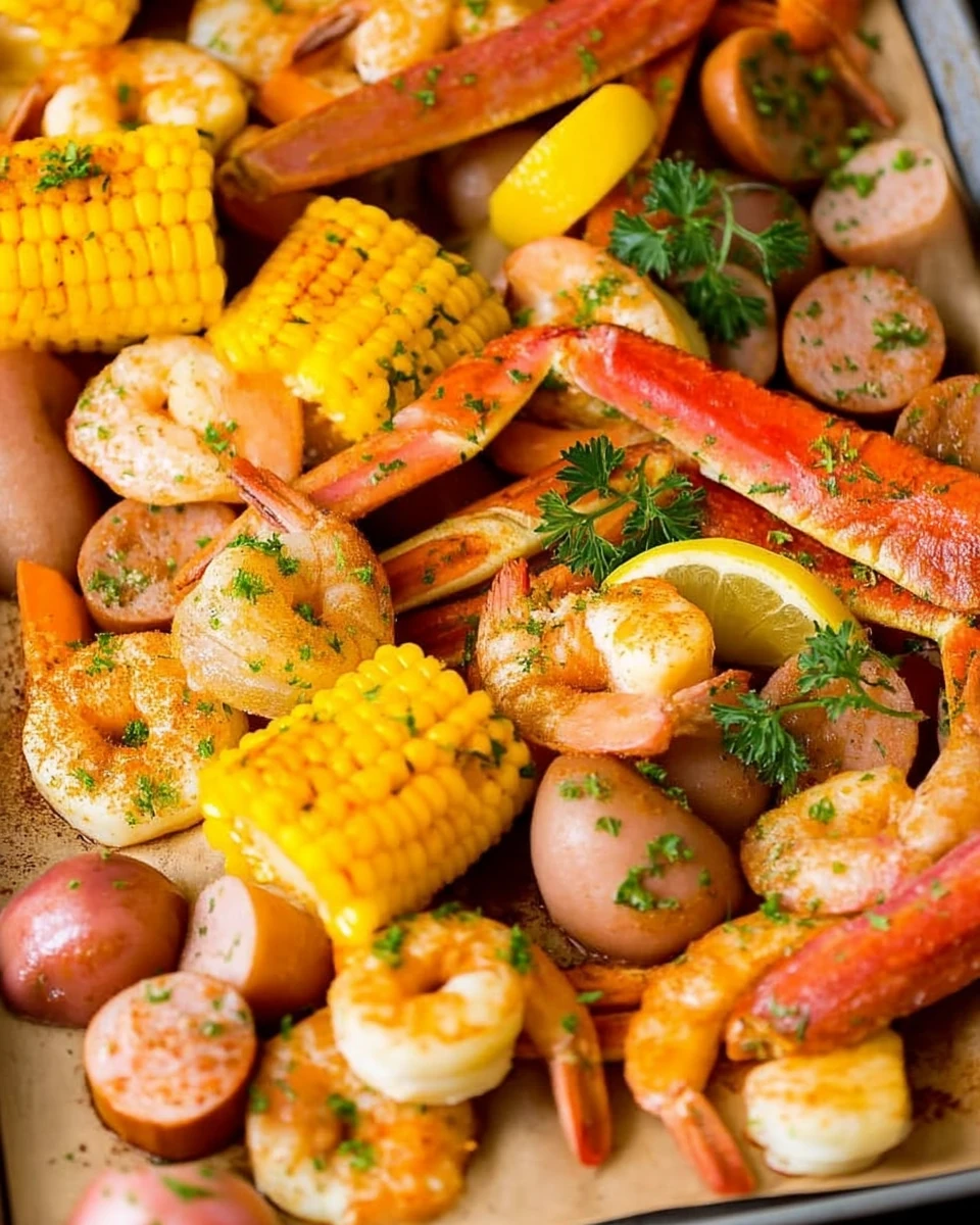 Low country boil with shrimp, crab, corn, potatoes, and sausage, garnished with lemon and parsley