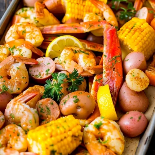 Low country boil with shrimp, crab, sausage, potatoes, corn, and lemon