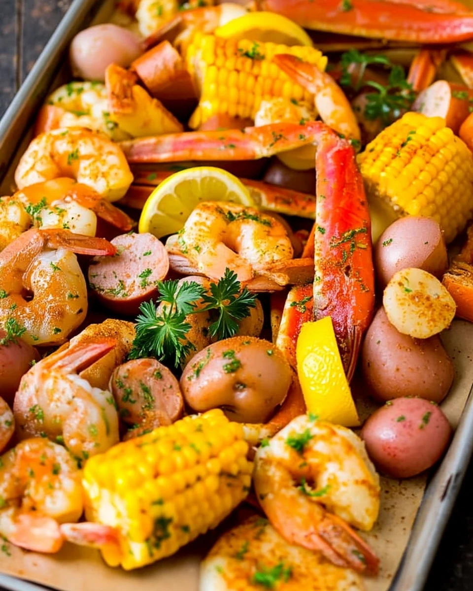Low country boil with shrimp, crab, sausage, potatoes, corn, and lemon