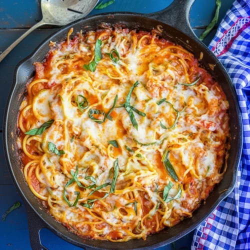 Lower-Carb Zucchini Noodle Spaghetti Bake: A Deliciously Healthy Option 2 Lower-carb zucchini noodle spaghetti bake in a skillet with melted cheese and fresh basil
