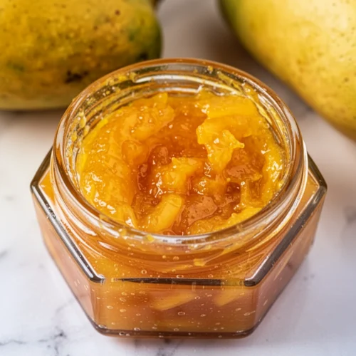 Mango jam without pectin in a glass jar with fresh mangoes and lemon nearby