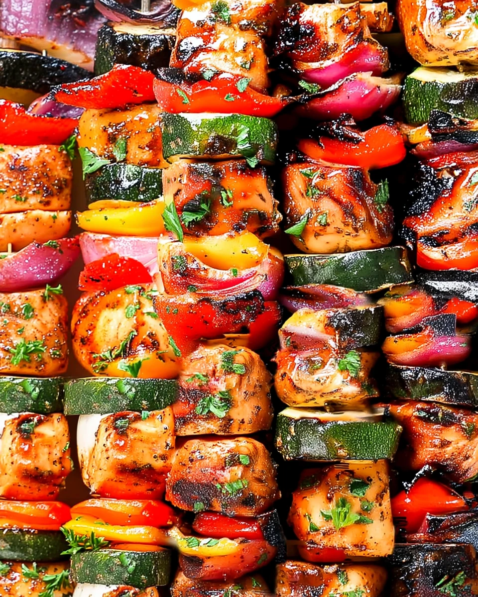 Grilled marinated chicken skewers with bell peppers, zucchini, and onions