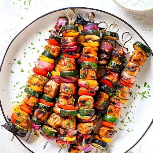 Grilled marinated chicken skewers with bell peppers, zucchini, and red onion on a white plate