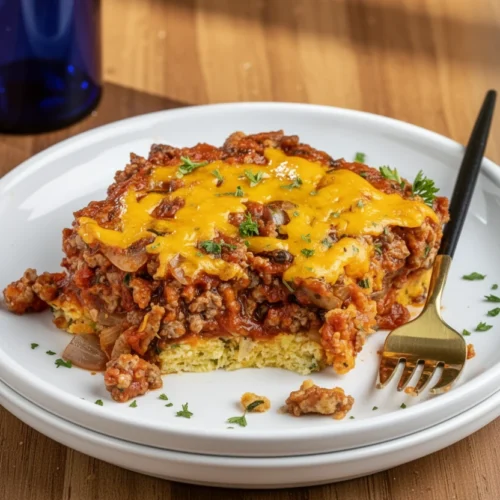 Meaty zucchini casserole with melted cheese and herbs on a white plate