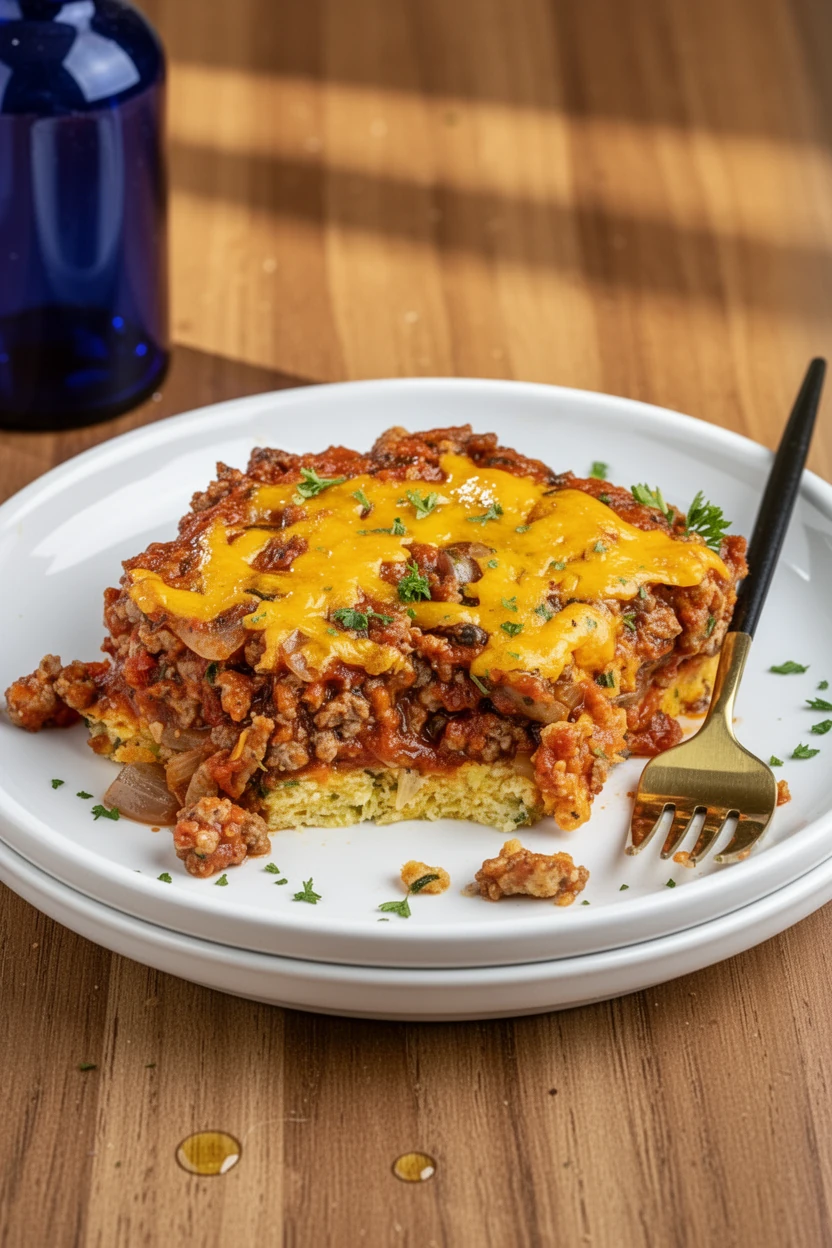 Meaty zucchini casserole with melted cheese and herbs on a white plate
