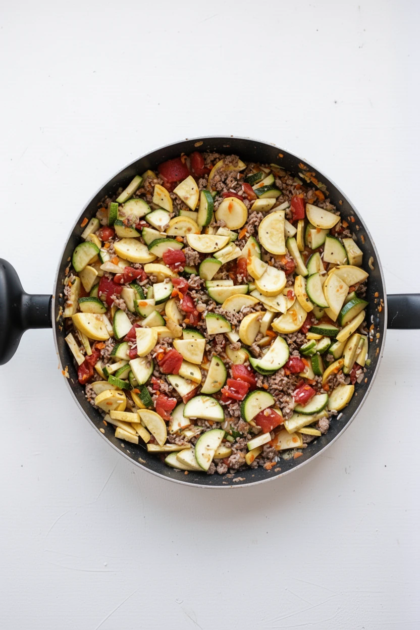 Million dollar zucchini skillet with zucchini, squash, sausage, and rice in a pan