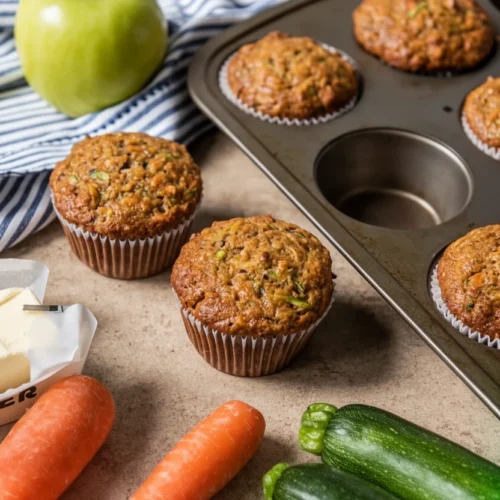 Morning glory muffins with zucchini, carrots, and apple on a kitchen counter