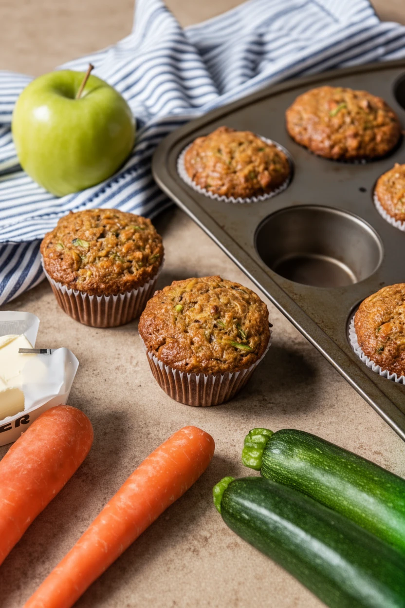Morning glory muffins with zucchini, carrots, and apple on a kitchen counter