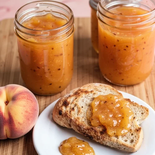 No sugar peach jam in a glass jar with fresh peaches and toast, keyword: no sugar peach jam canning recipe