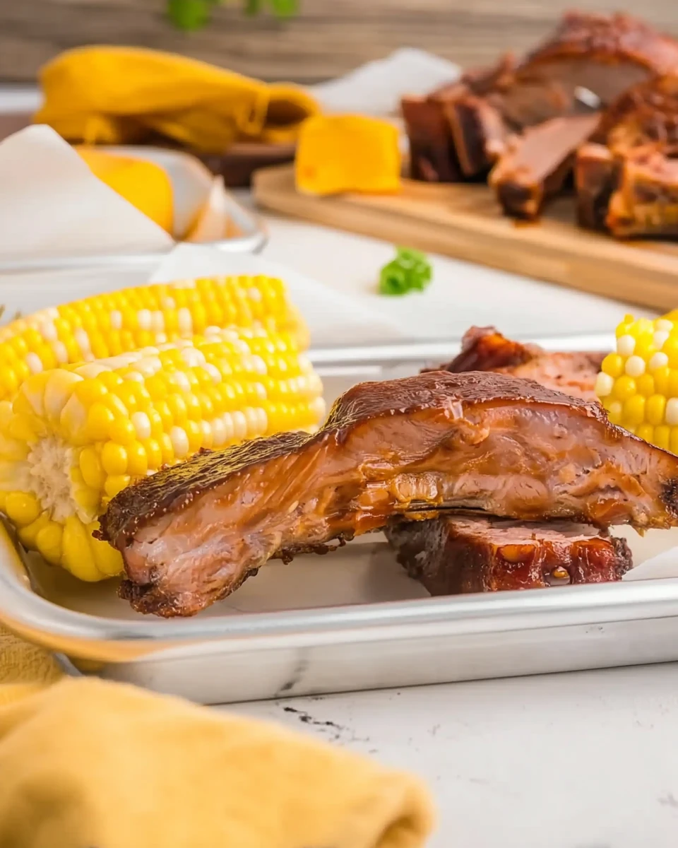 Juicy oven-baked ribs with BBQ glaze and corn on the cob