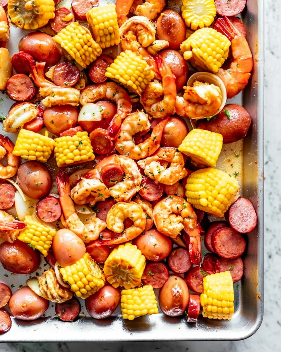 Oven-baked shrimp boil with shrimp, sausage, corn, and potatoes on a baking sheet
