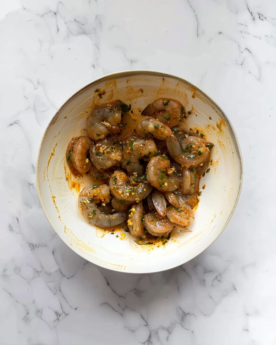 Raw shrimp marinating in a zesty lemon-garlic herb marinade for oven baked shrimp skewers