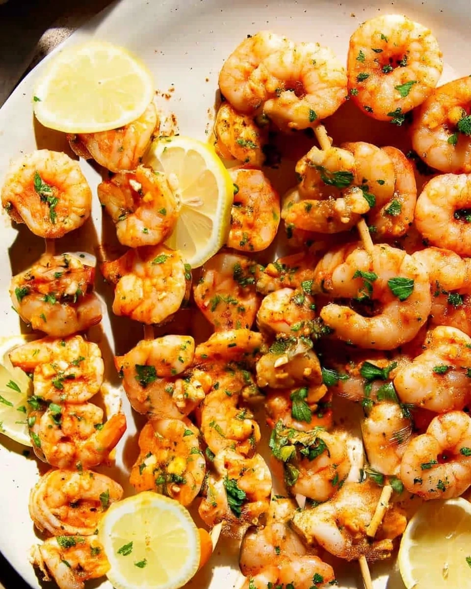 Oven baked shrimp skewers with lemon and parsley on a plate