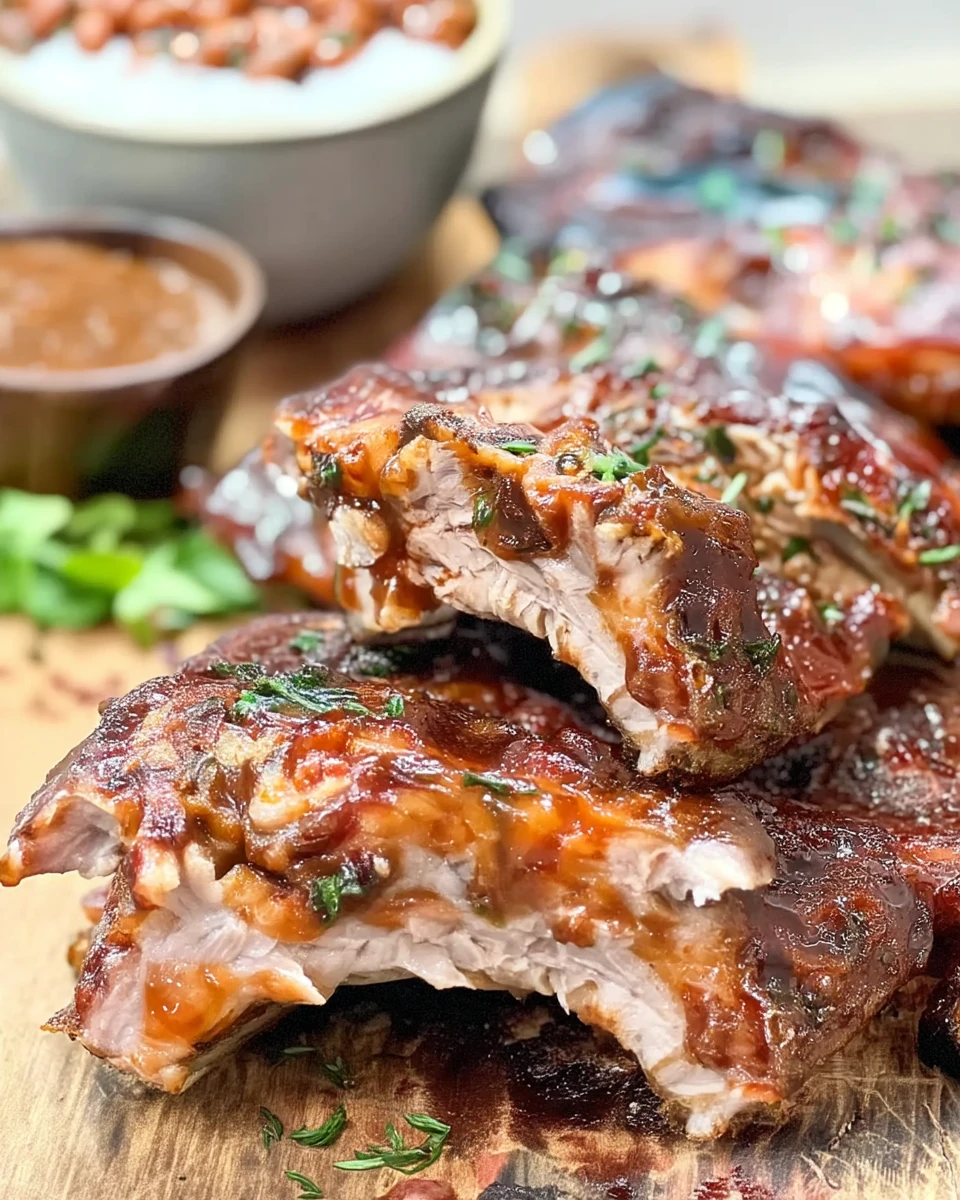 Oven baked sticky pork ribs with glossy glaze and herbs on a wooden board