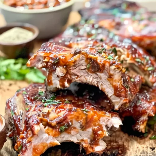 Oven baked sticky pork ribs with glossy glaze and herbs on a wooden board