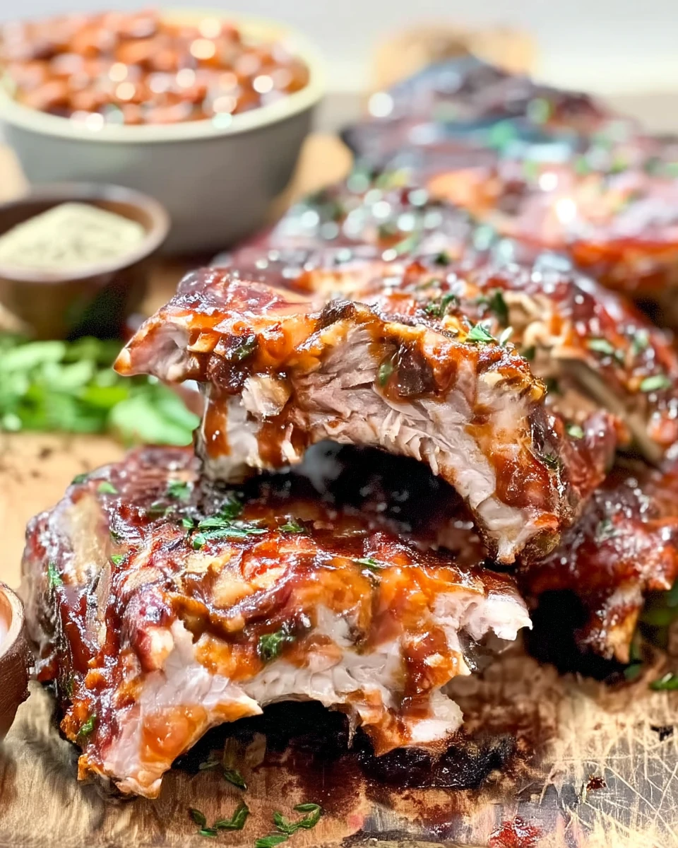Oven baked sticky pork ribs with glossy glaze and herbs on a wooden board