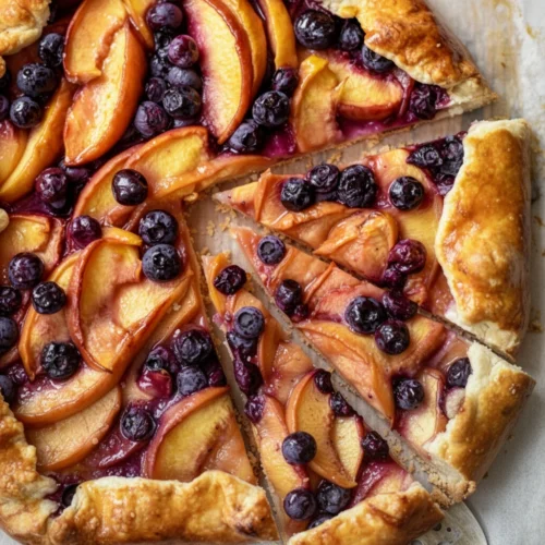 Peach and blueberry galette with golden crust and juicy fruit filling