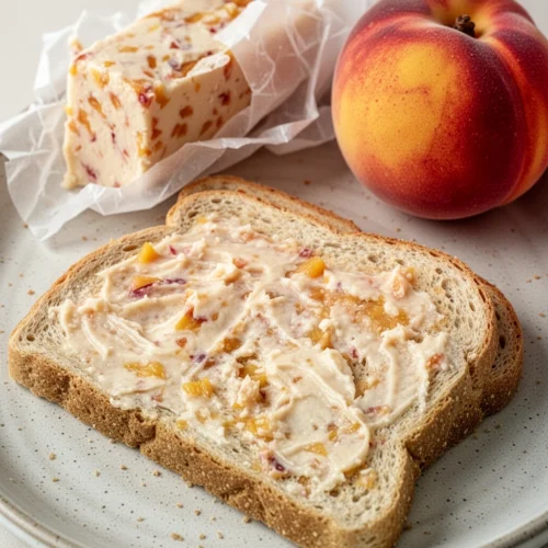 Peach butter spread on toast with fresh peach and butter log