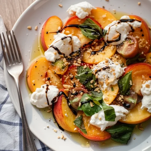 Peach caprese salad with burrata, basil, and toasted nuts on a white plate
