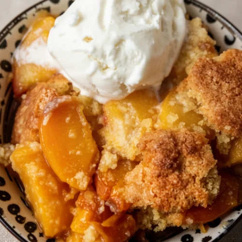 Peach cobbler with almond flour topped with vanilla ice cream in a patterned bowl