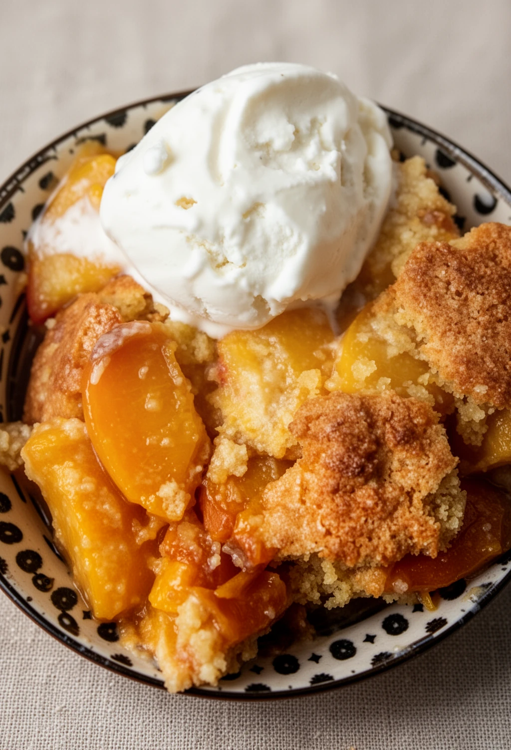 Peach cobbler with almond flour topped with vanilla ice cream in a patterned bowl
