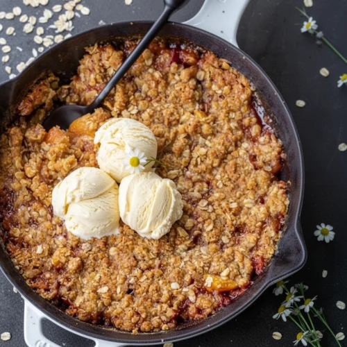 Peach crisp in cast iron skillet with vanilla ice cream and flower garnish