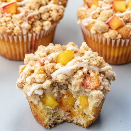 Peach crumb muffin with streusel topping and vanilla glaze, juicy peach filling visible