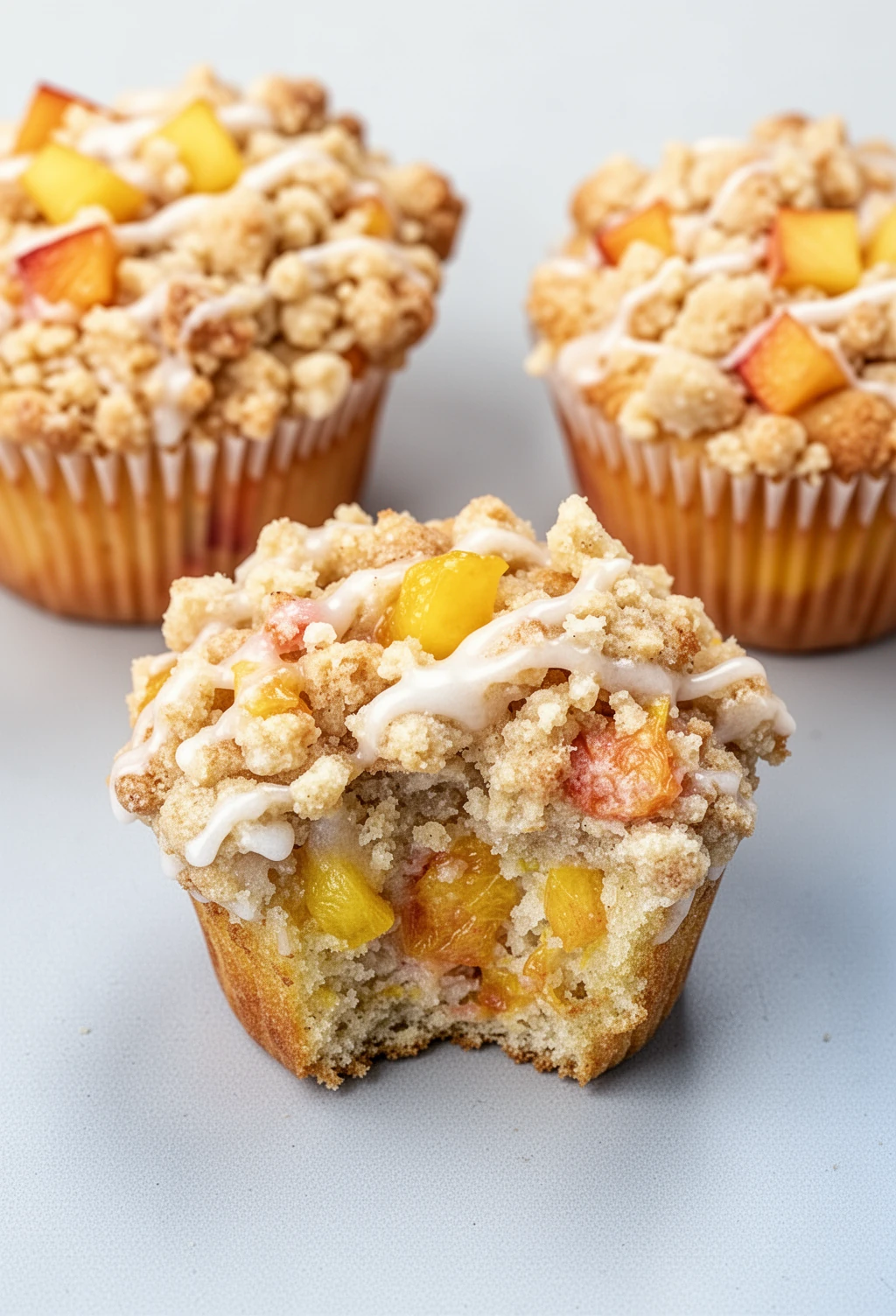 Peach crumb muffin with streusel topping and vanilla glaze, juicy peach filling visible