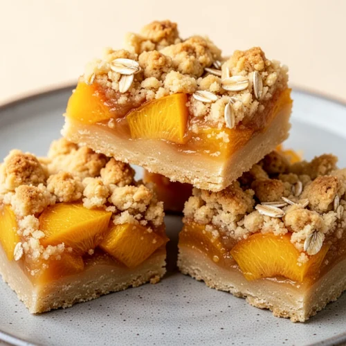Juicy peach crumble bars with a buttery oat topping and spiced peach filling