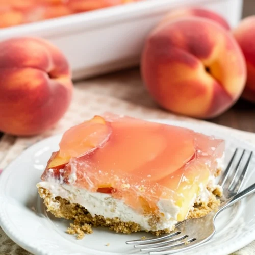 A slice of peach delight with graham cracker crust, cream cheese filling, and peach gelatin topping.