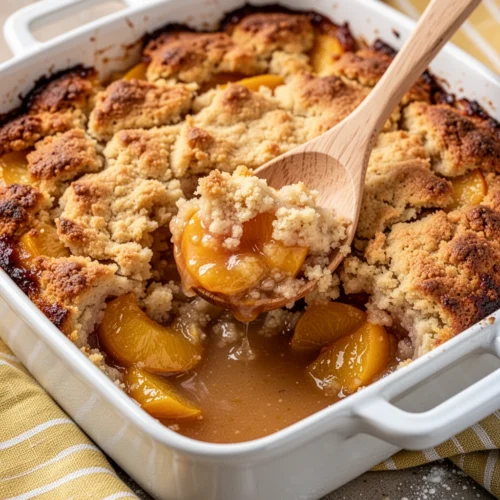Delicious Peach Dump Cake Recipe You’ll Love 2 Peach dump cake in a white dish with a wooden spoon, golden topping and juicy peaches visible.