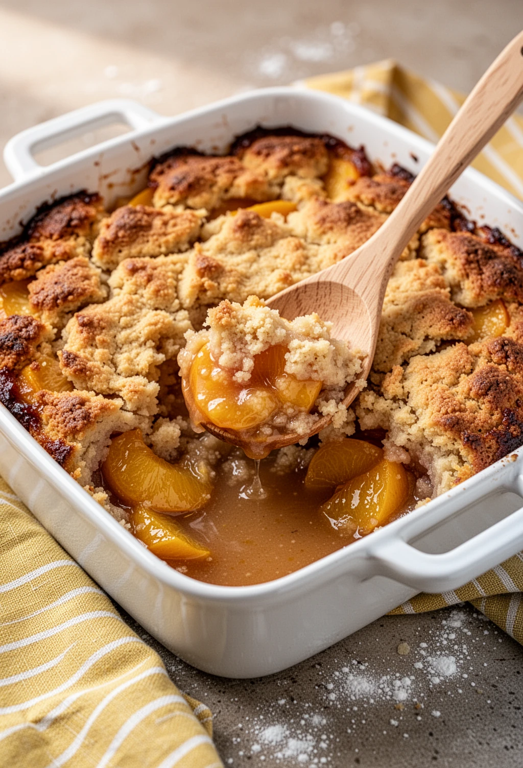 Easy Peach Dump Cake with Crispy Top and Juicy Filling Peach dump cake in a white dish with a wooden spoon, golden topping and juicy peaches visible.