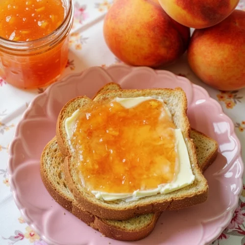 Peach freezer jam spread on toast with fresh peaches nearby