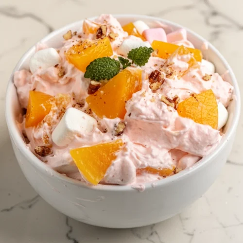 Delightful Peach Jello Salad That's a Family Favorite 2 Creamy peach jello salad with peaches, marshmallows, and pecans in a white bowl