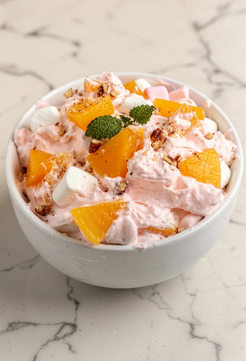 Peach Jello Salad with Fresh Peaches and Pecans Creamy peach jello salad with peaches, marshmallows, and pecans in a white bowl