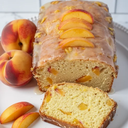 Moist peach loaf cake with orange glaze and fresh peach slices