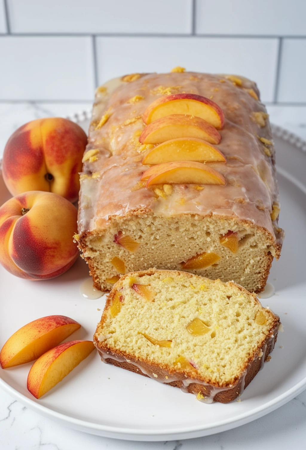 Moist peach loaf cake with orange glaze and fresh peach slices